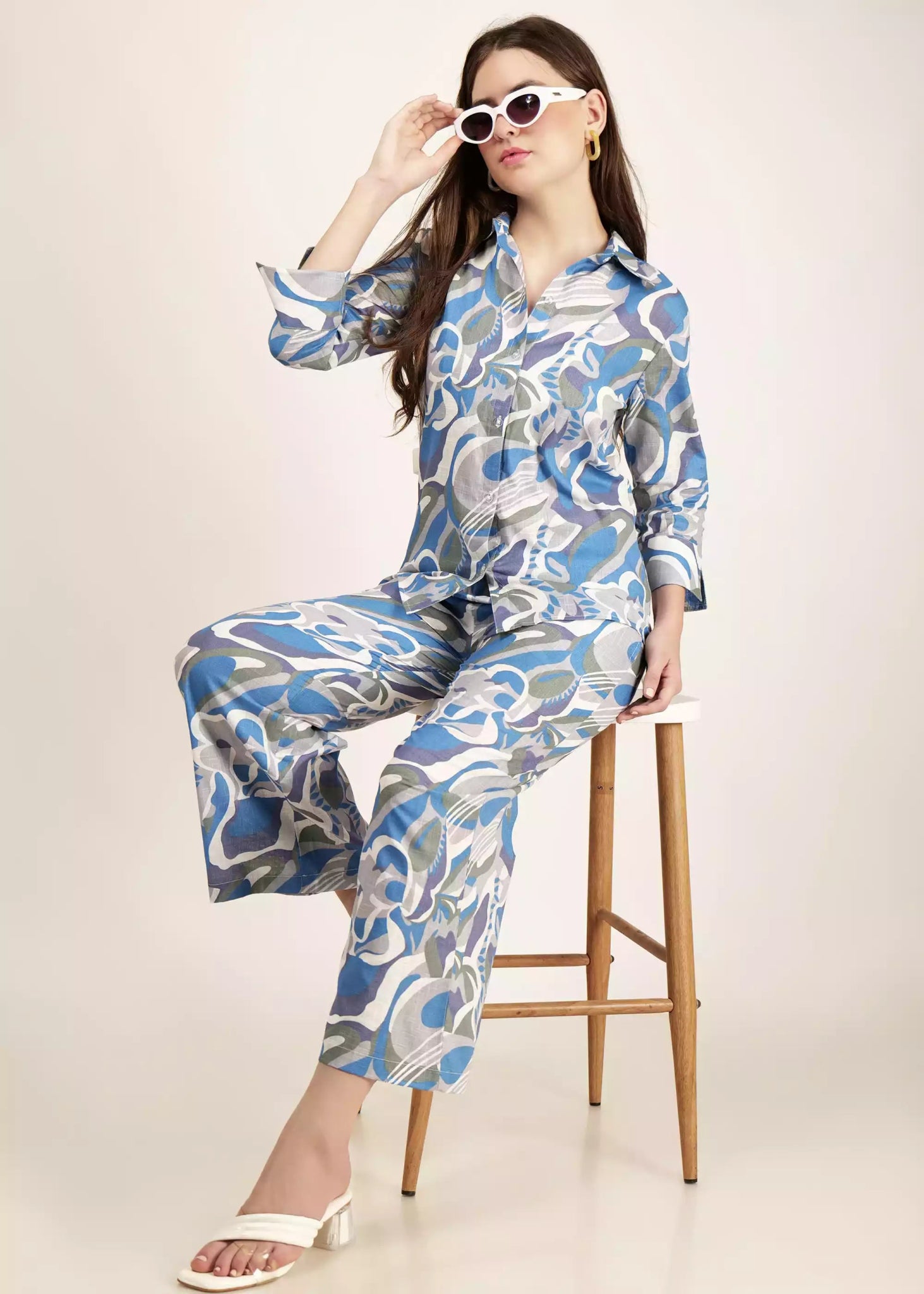 Women Blue Color Abstract Printed Cotton Co-ord Set - GargiStyle