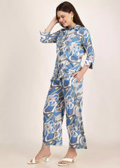 Women Blue Color Abstract Printed Cotton Co-ord Set - GargiStyle