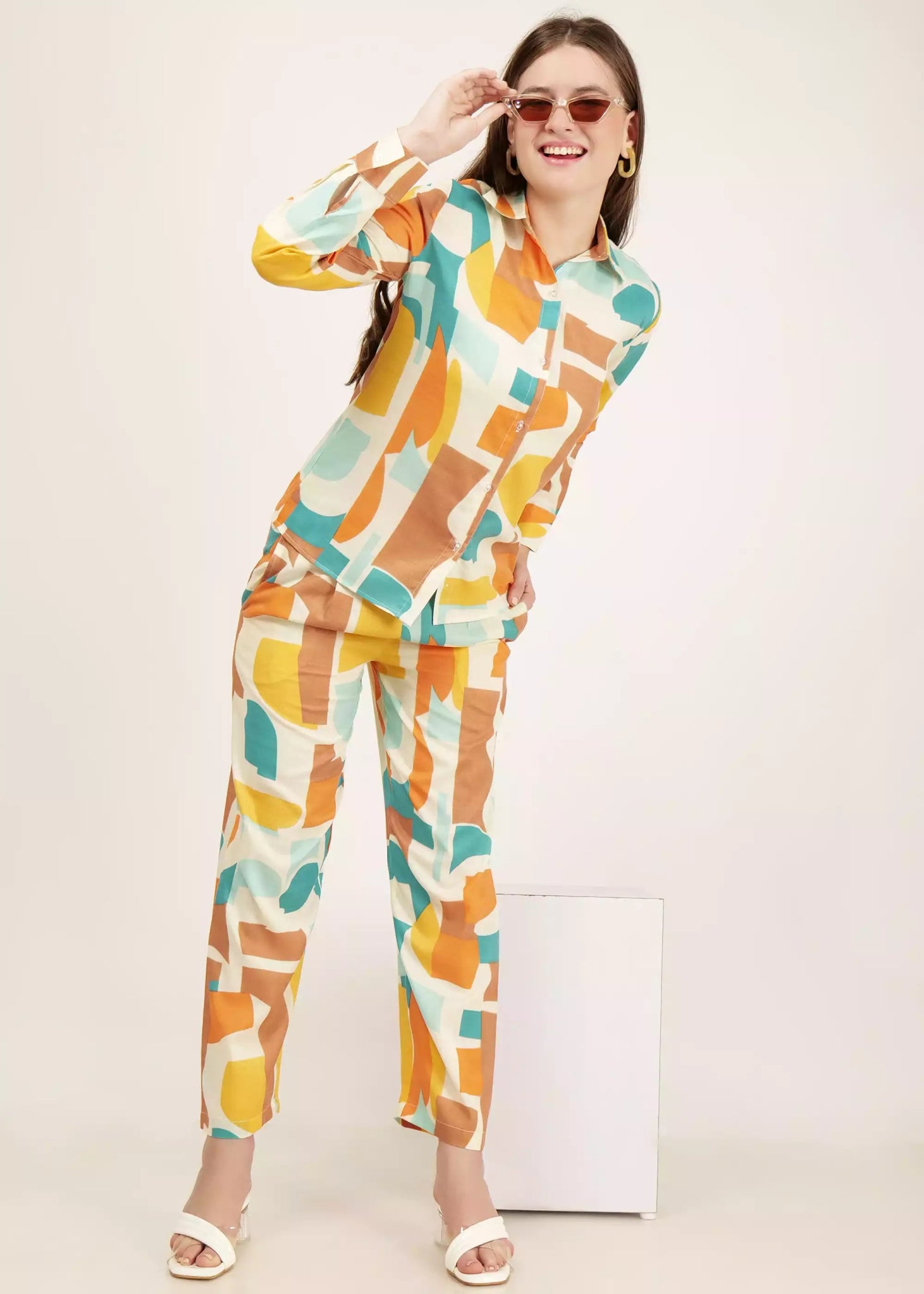 Buy Women Multi Color Abstract Cotton Co-ord Set
