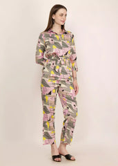 Women Cotton Blend Grey/Pink Printed Coord Set - GargiStyle