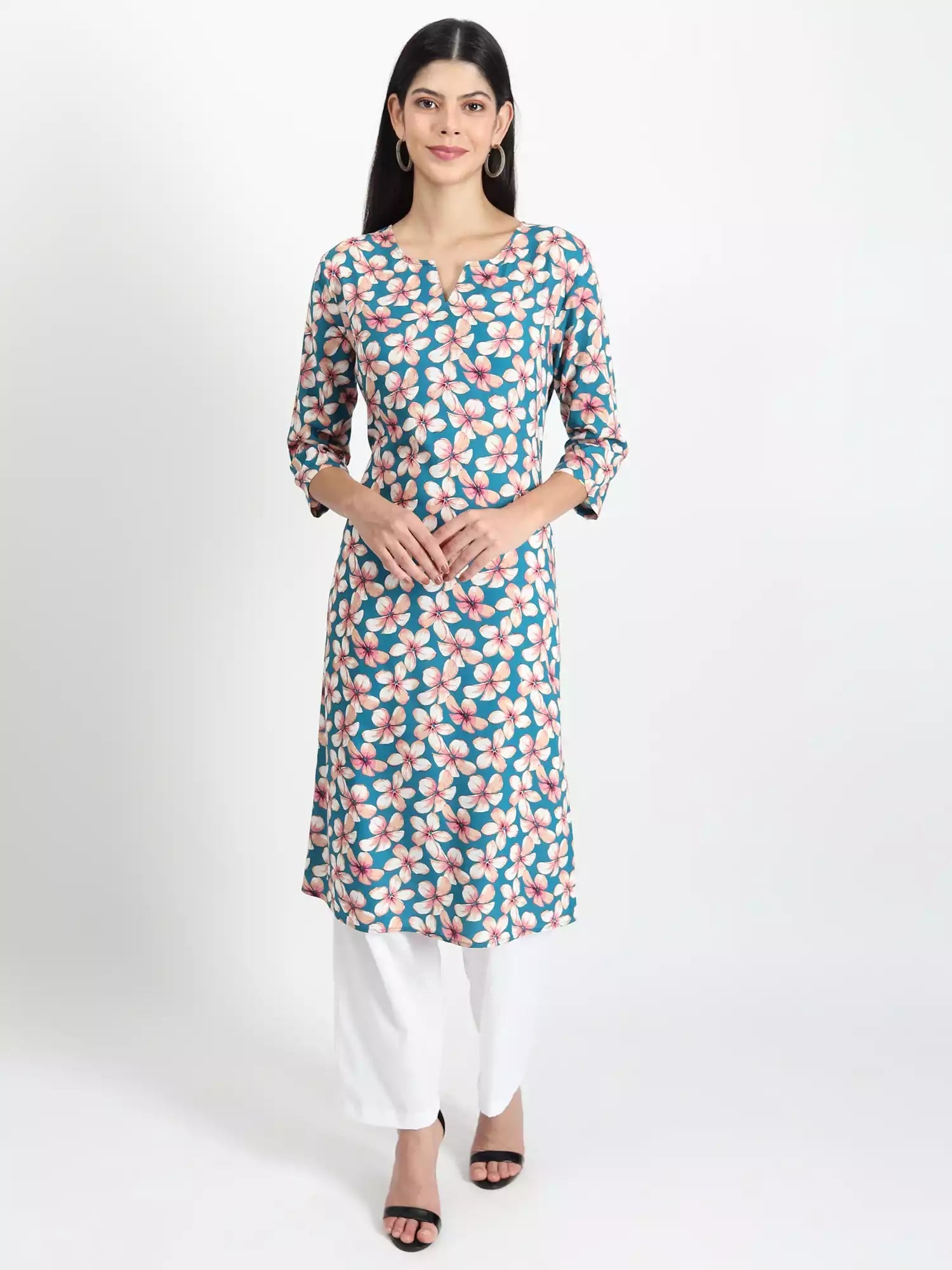 Women floral daisy print straight kurta (Blue) - GargiStyle