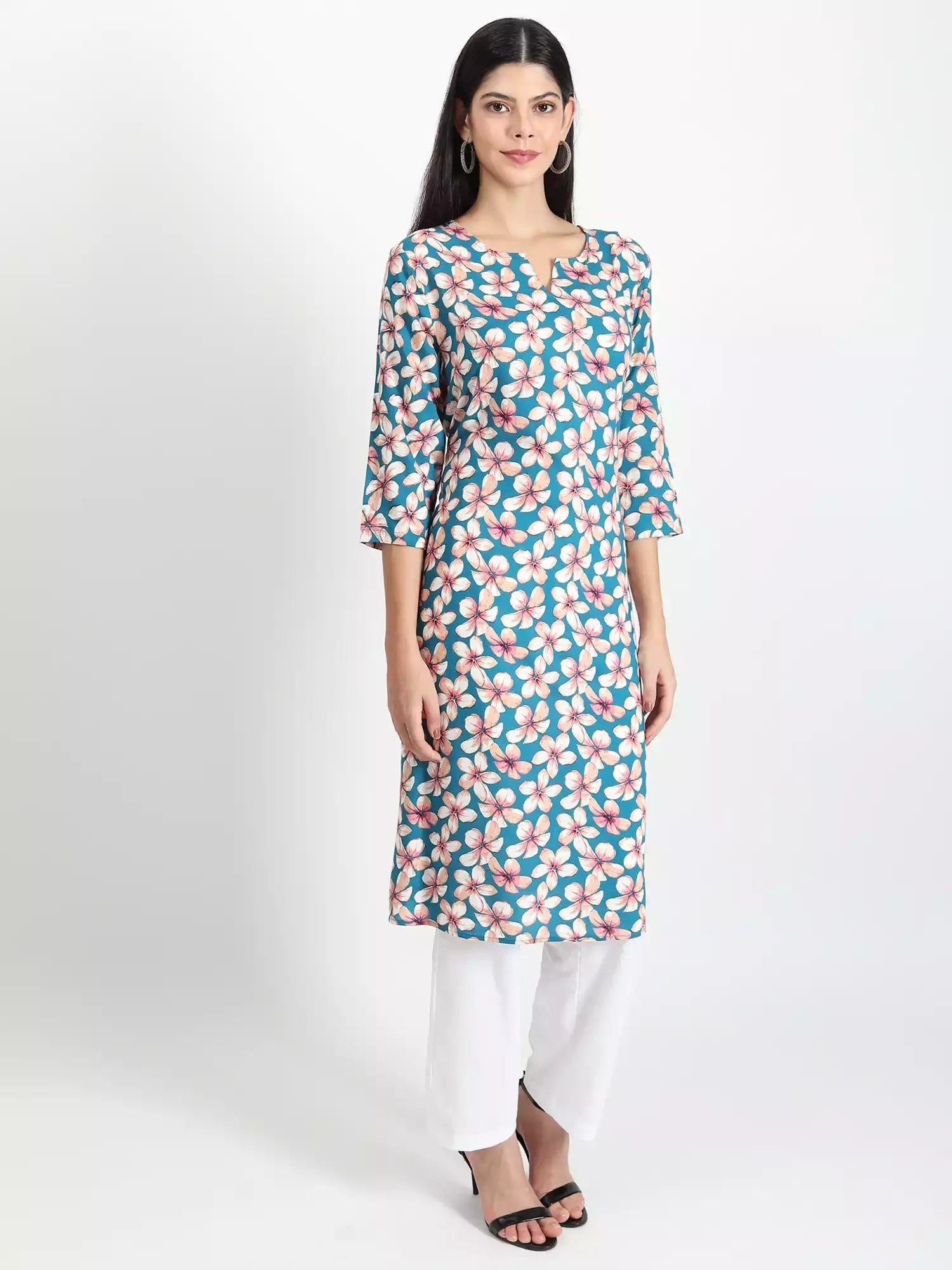 Women floral daisy print straight kurta (Blue) - GargiStyle