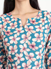 Women floral daisy print straight kurta (Blue) - GargiStyle