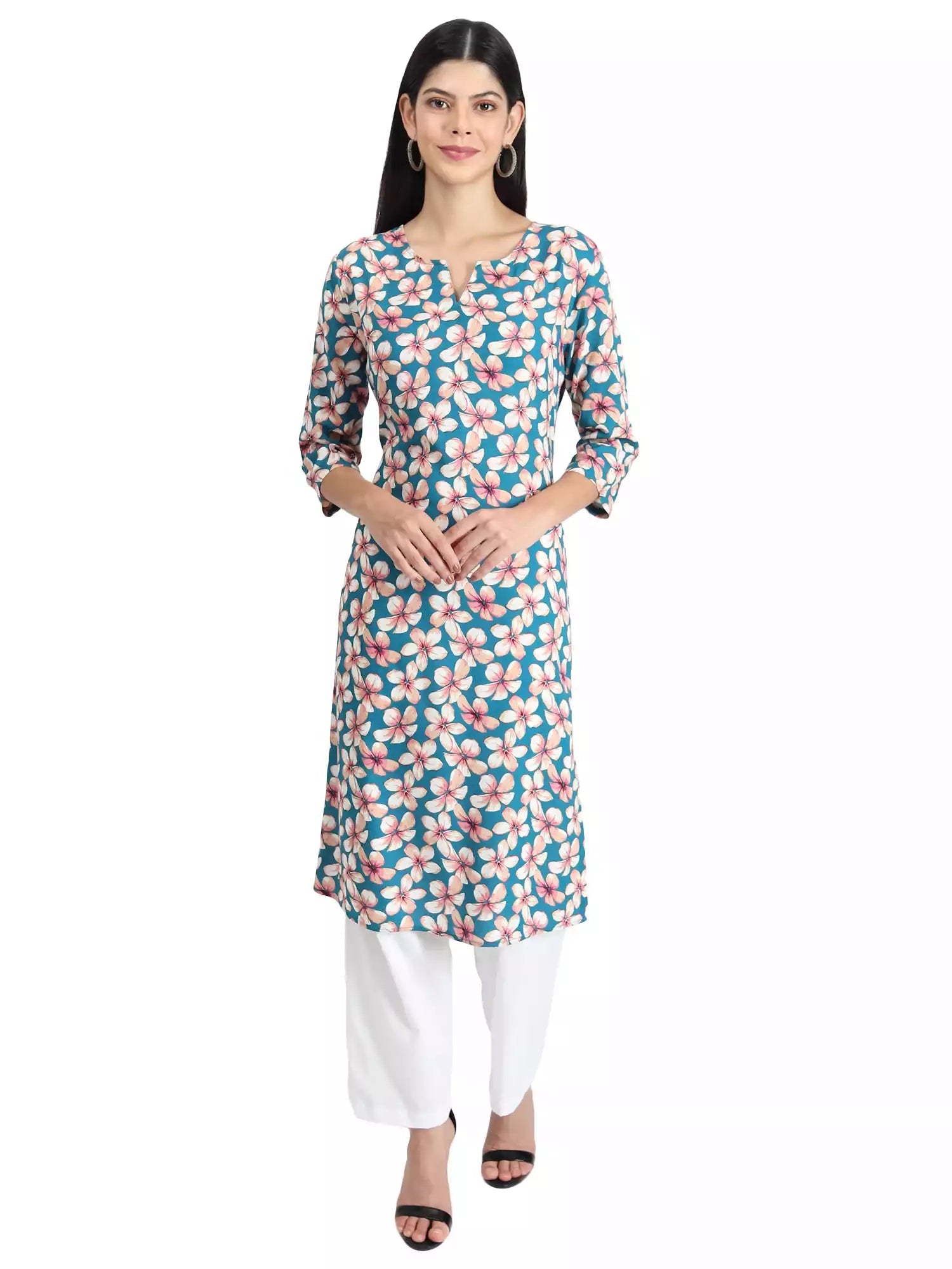 Women floral daisy print straight kurta (Blue) - GargiStyle