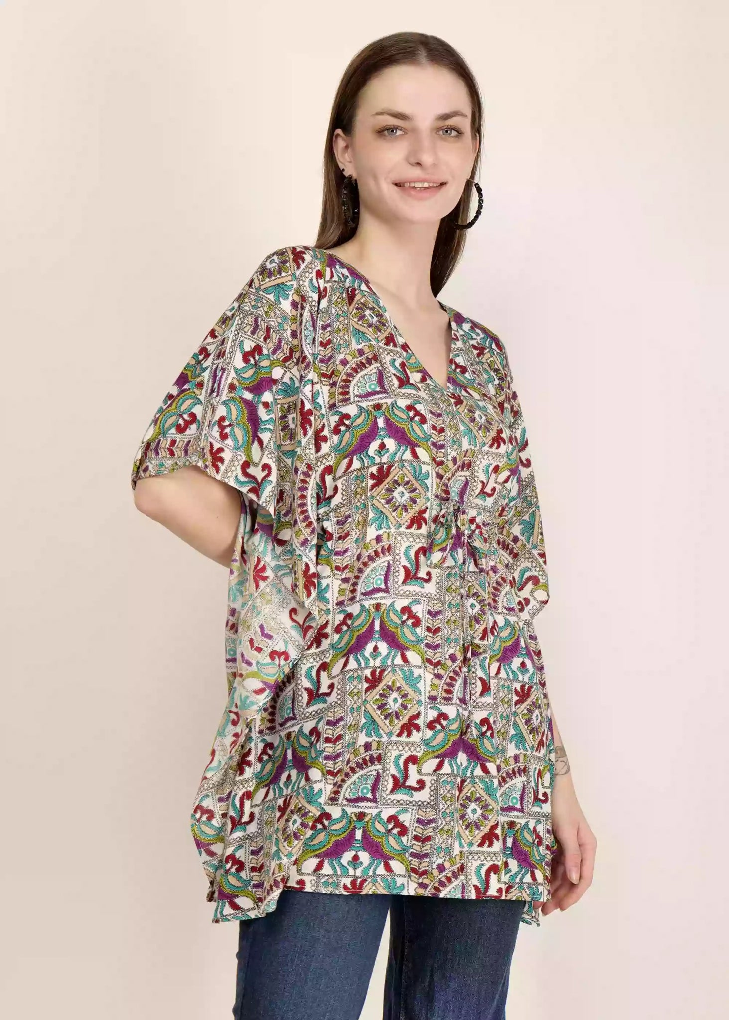 Women Multicolor Purple Design Printed Kaftan - GargiStyle