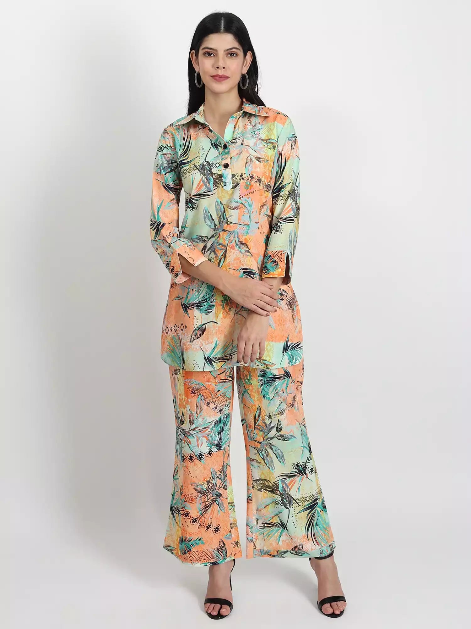 Women peach floral printed co-ord set - GargiStyle