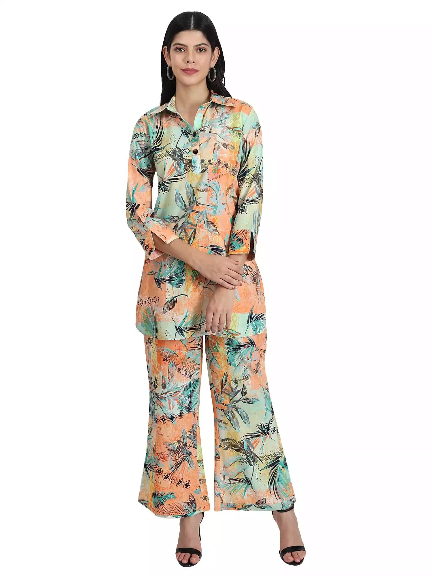 Women peach floral printed co-ord set - GargiStyle