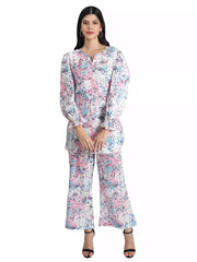 Women pink & blue floral printed with puff sleeve Co-ord set - GargiStyle