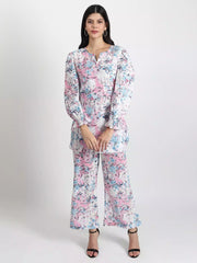 Women pink & blue floral printed with puff sleeve Co-ord set - GargiStyle