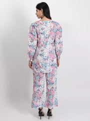 Women pink & blue floral printed with puff sleeve Co-ord set - GargiStyle