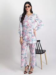 Women pink & blue floral printed with puff sleeve Co-ord set - GargiStyle