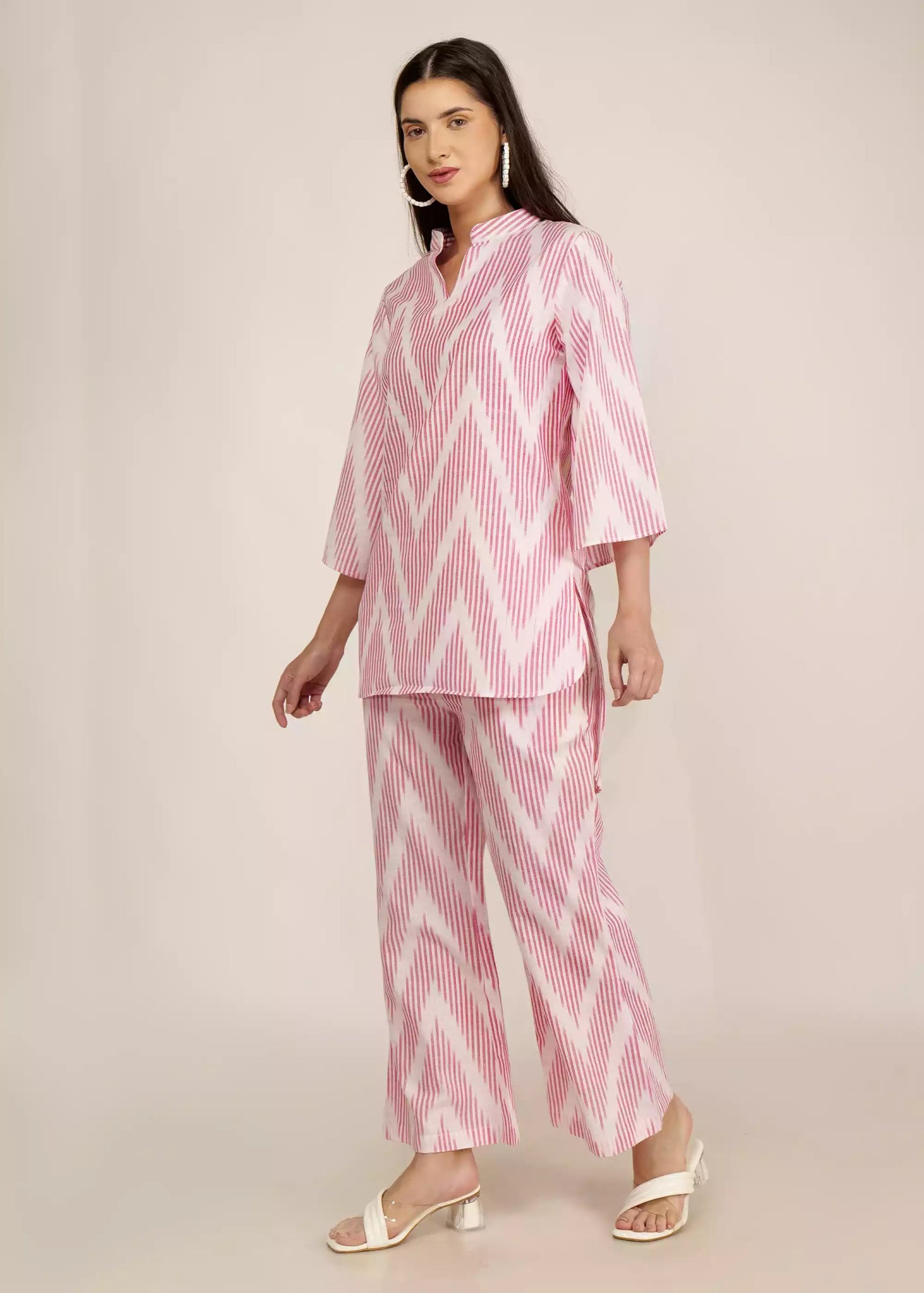 Women Pink & White Cotton Blend Ikat Printed Co-ord Set - GargiStyle