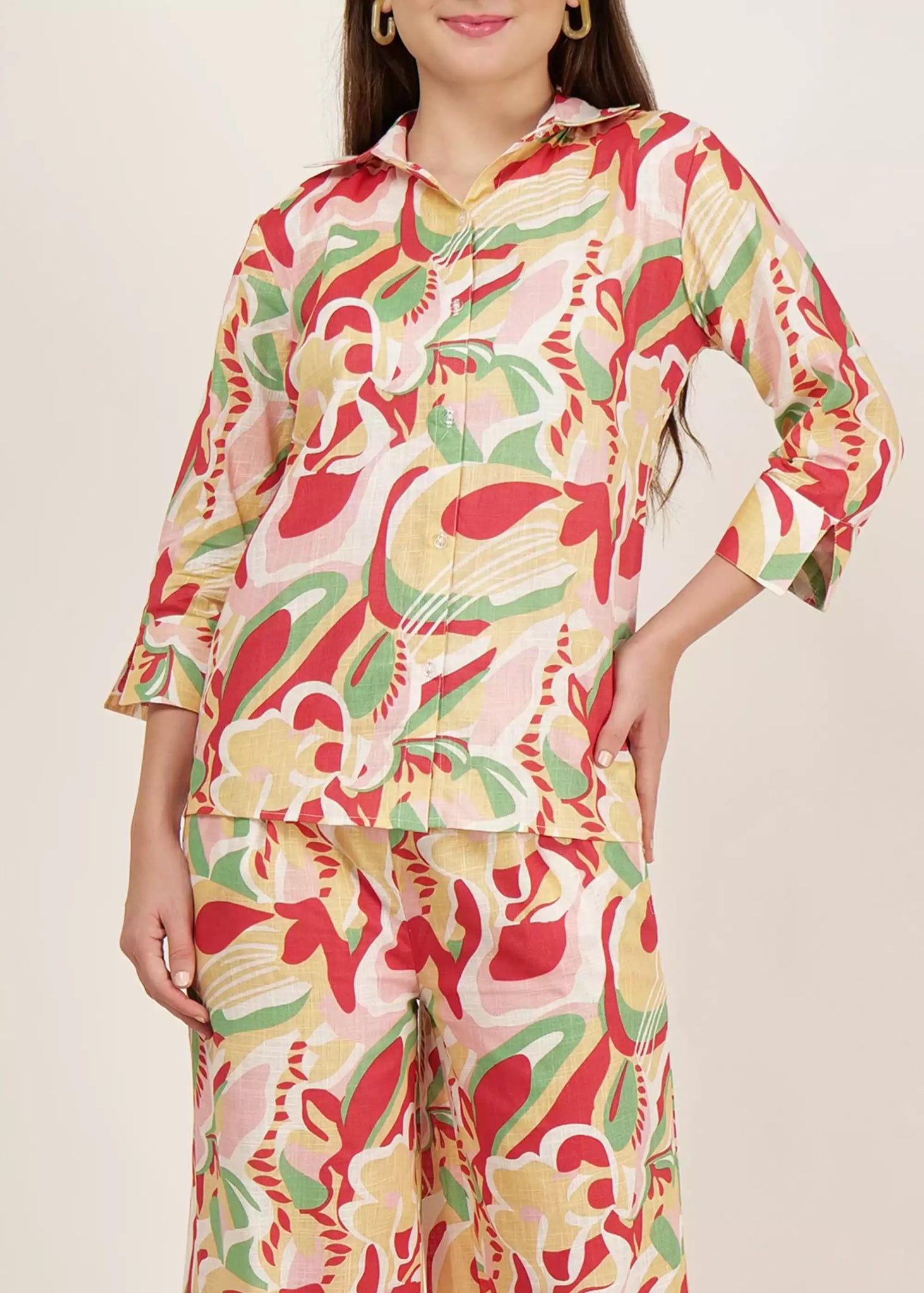 Women Red Abstract Printed Cotton Co-ord Set - GargiStyle