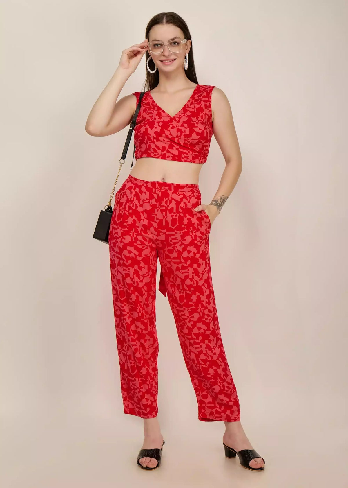 Women red floral printed Co-ord set - GargiStyle