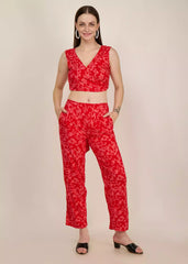 Women red floral printed Co-ord set - GargiStyle