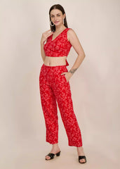 Women red floral printed Co-ord set - GargiStyle