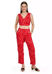 Women red floral printed Co-ord set - GargiStyle