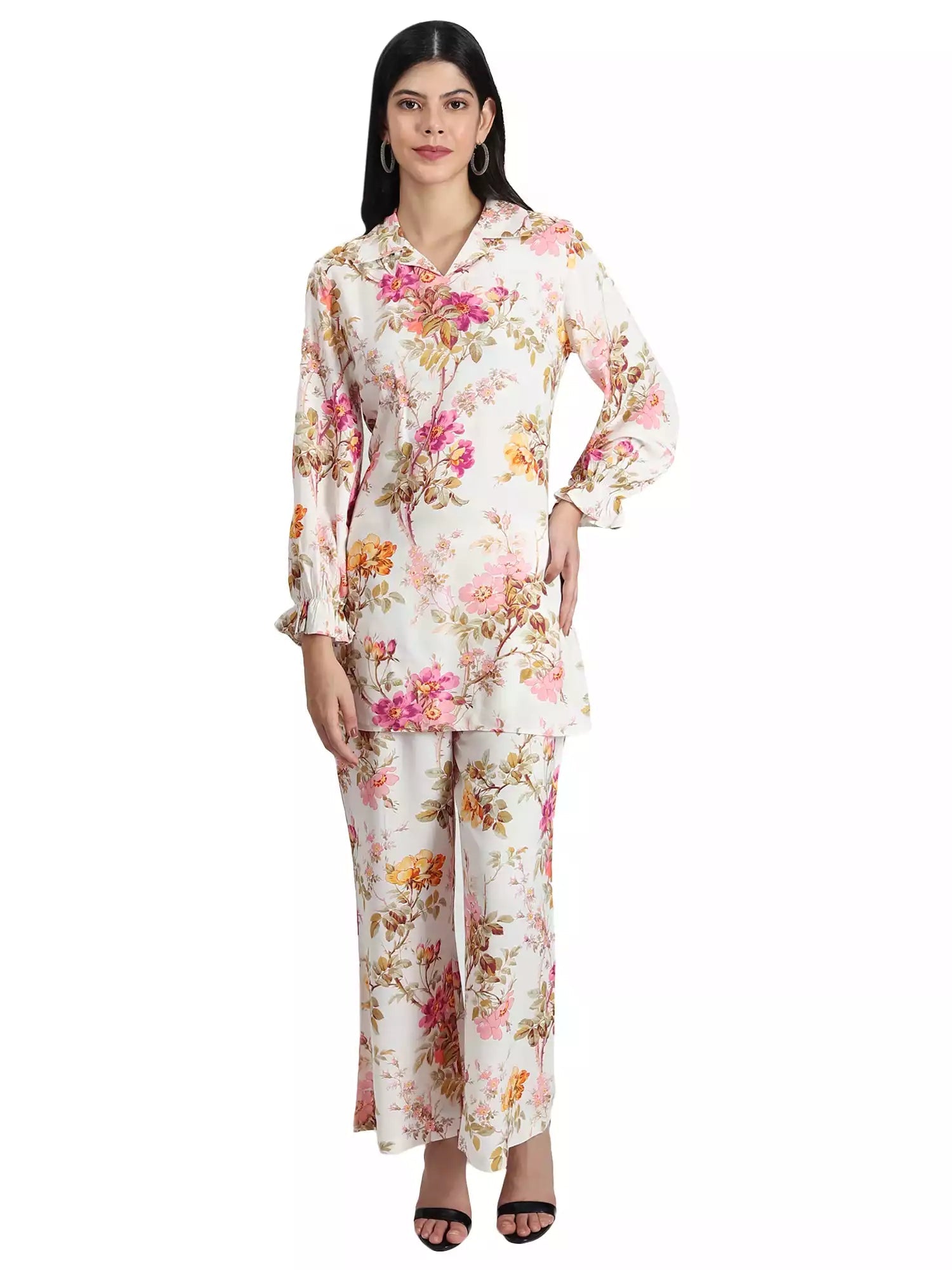 Women White floral with collar co-ord set - GargiStyle
