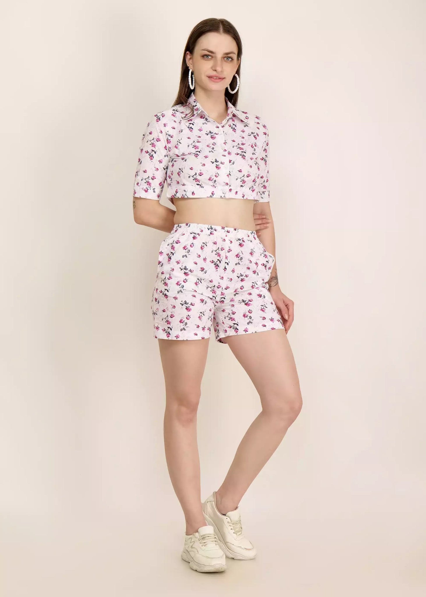 Women white shorts floral printed coord set - GargiStyle