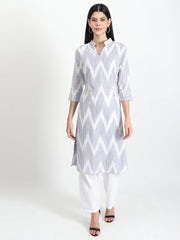 Women's cotton Ikat french grey & white Kurta - GargiStyle